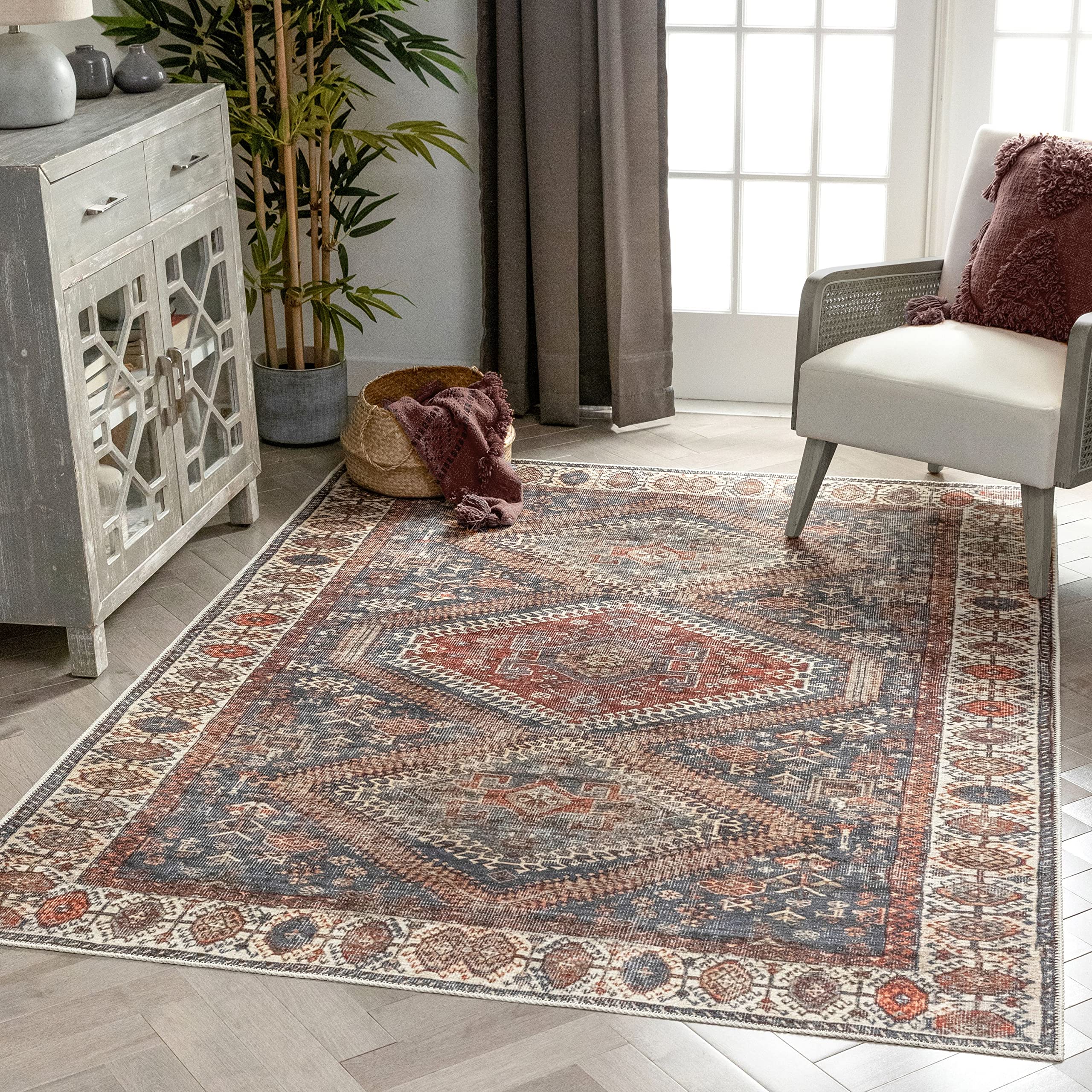 Well Woven Lotus Ripon Blue Red Vintage Medallion Botanical Border Area Rug - 9'3