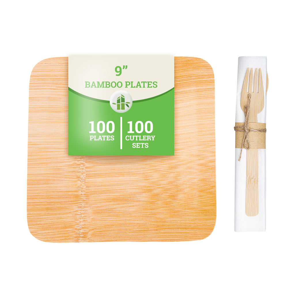 100-Piece Natural Bamboo Veneer Plates & Flatware Set - Eco-Friendly Disposable Dinnerware for Parties, Picnics, and Events - 9-Inch Large Biodegradable Plates with Cutlery