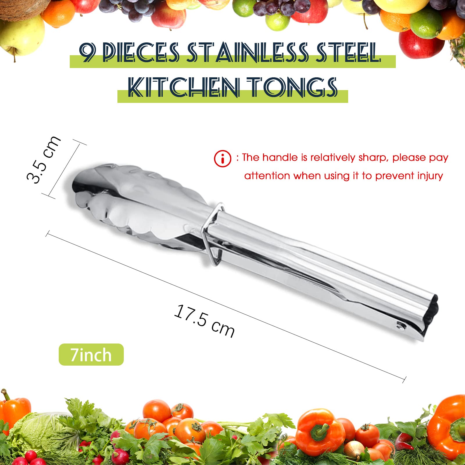 9-Piece Stainless Steel Kitchen Tongs Set - Non-Slip for Grilling, BBQ & Salad Prep