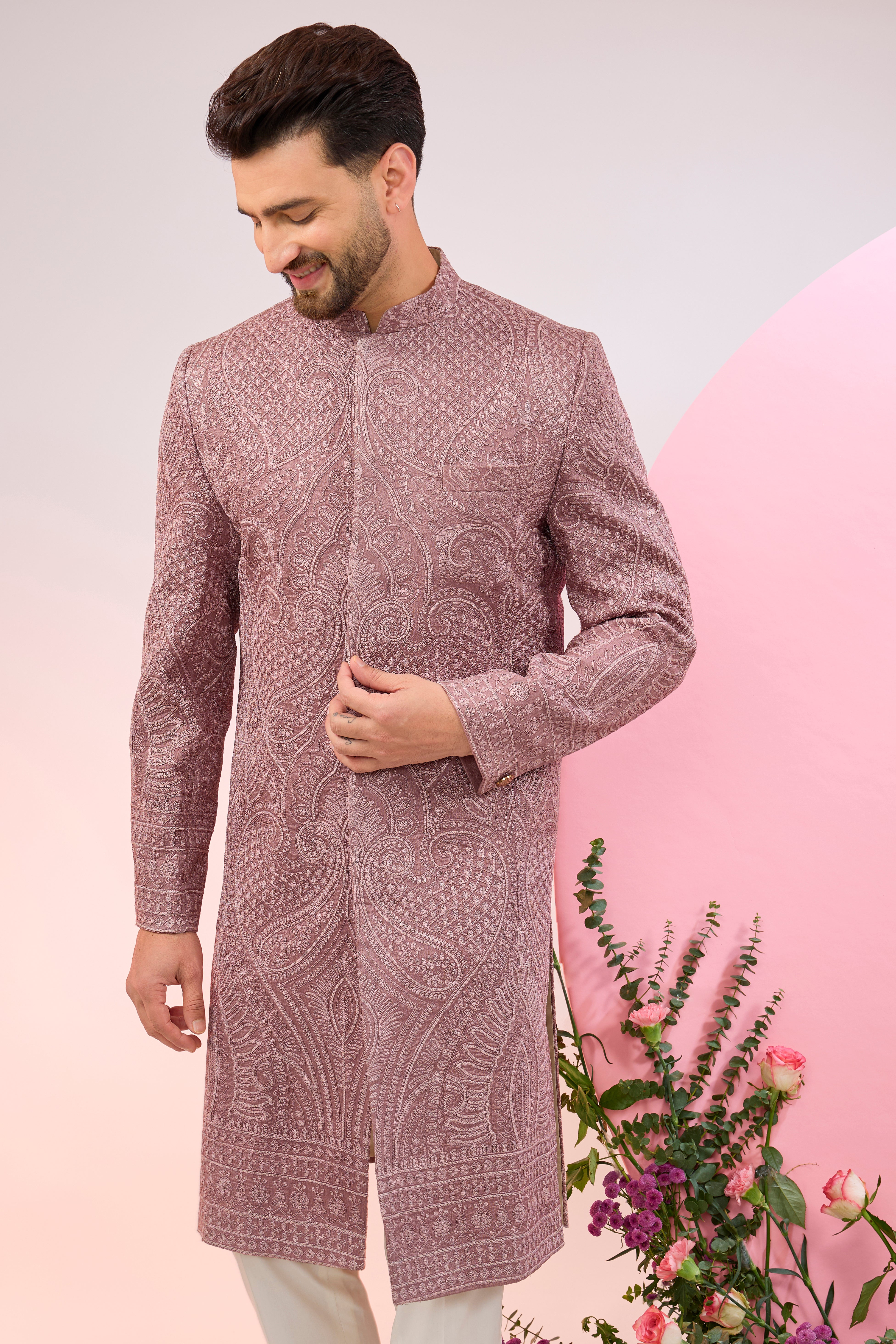 Elegant Mauve Taupe Kashmiri Embroidered Sherwani with Intricate Aari Work - Perfect for Weddings, Festivals & Special Occasions