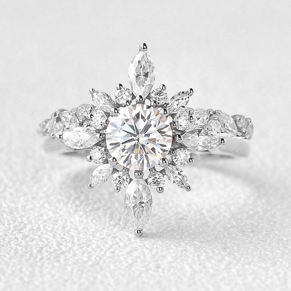 1.0ct Round Cut Moissanite Floral Marquise Cluster Ring Set - 2 Piece Wedding Bridal Jewelry for Engagement, Anniversary & Special Occasions