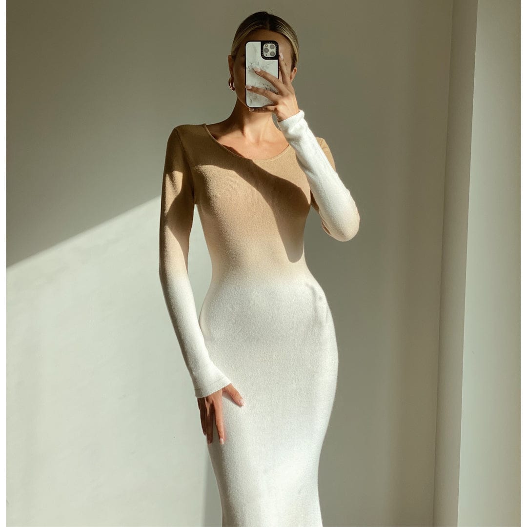 FAITH Women's Ivory & Camel Long Sleeve Knit Maxi Dress - Elegant Boho Style for Parties, Weddings & Special Occasions