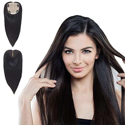 Gramercy Human Hair Toppers for Women - Clip-In Hairpiece for Thinning Hair & Hair Loss - 10x11cm Silk Top Base - Handmade Crown Topper Extensions (Black, 14 Inch) - Perfect for Daily Wear, Special Occasions & Hair Volume Enhancement