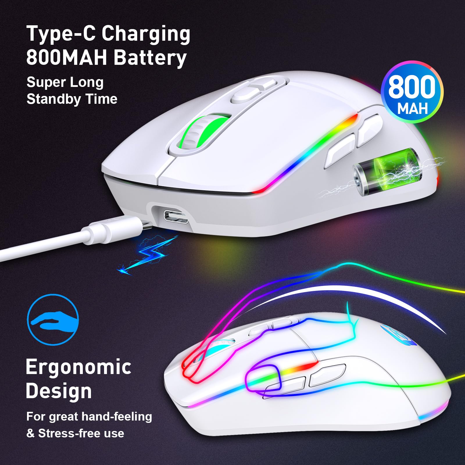 JYCSTE Wireless Gaming Mouse, Dual Mode 2.4GHz/Bluetooth 5.1, RGB Backlit Ergonomic Mouse with 6 Buttons, Rechargeable Computer Mouse for PC, Mac, Laptop (White) - Perfect for Gaming, Office Work, and Home Use