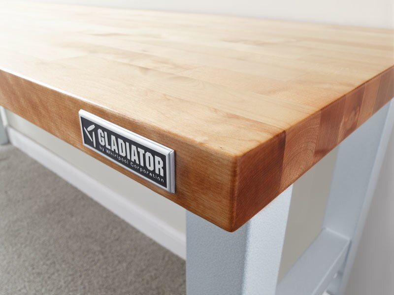 Gladiator Premier 8 ft Adjustable Height Hardwood Workbench - Heavy Duty White Work Table for Garage, Workshop & DIY Projects