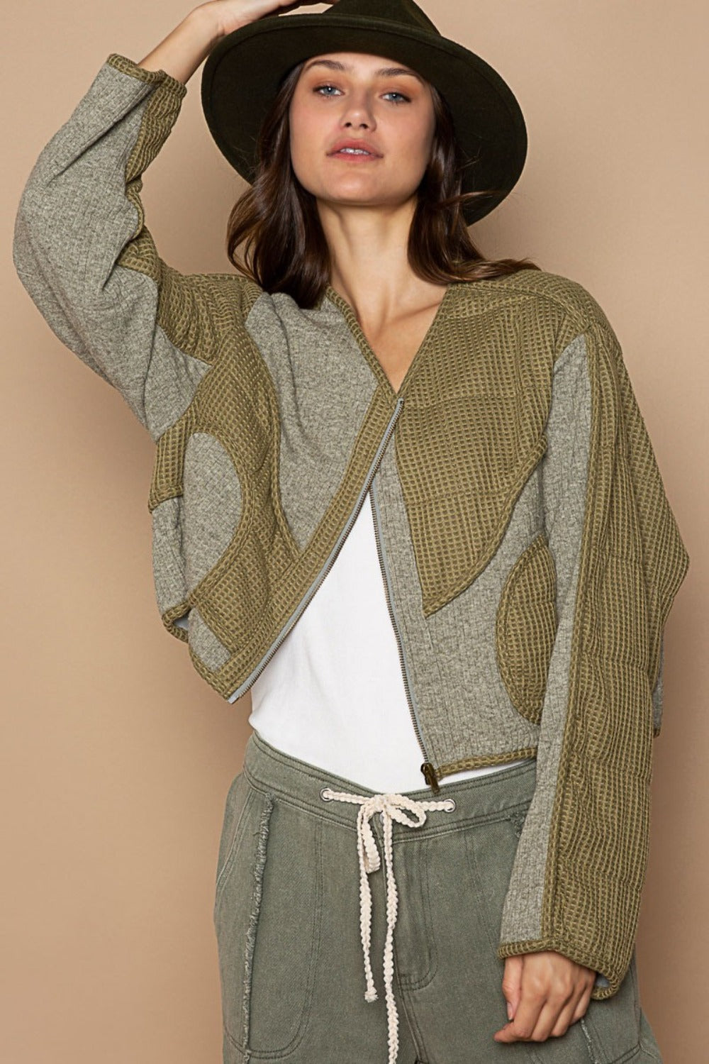 Quilted Knit Patch Jacket with Viding Detail - Cozy Winter Outerwear for Women | Perfect for Casual Outings, Office Wear & Fall Fashion