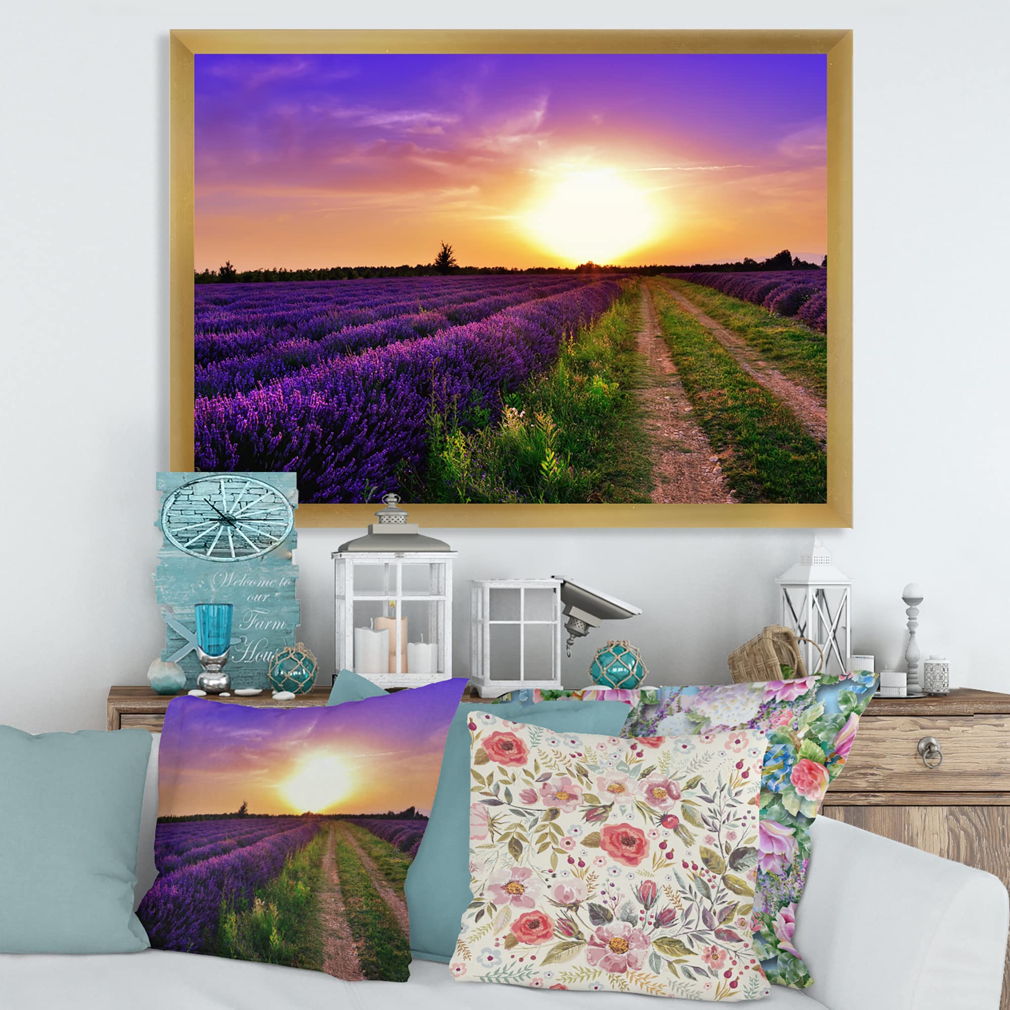 Lavender Field At Dawn II - Farmhouse Framed Wall Art Painting - Countryside Home Decor for Living Room, Bedroom & Office