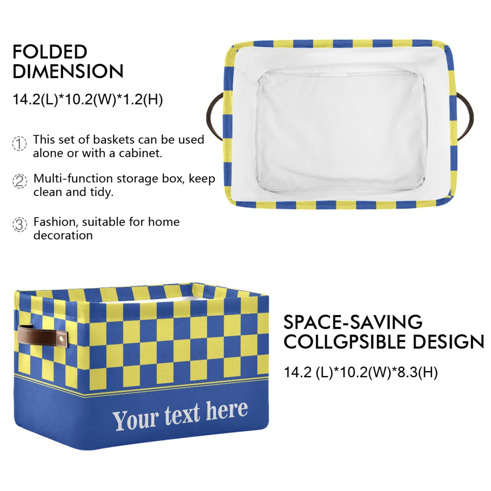 Checkerboard Yellow Blue Plaid Collapsible Storage Basket with Leather Handles - Rectangular Storage Bin for Kitchen, School, Office & Home Organization | Perfect for Shelves, Closets & Laundry Room