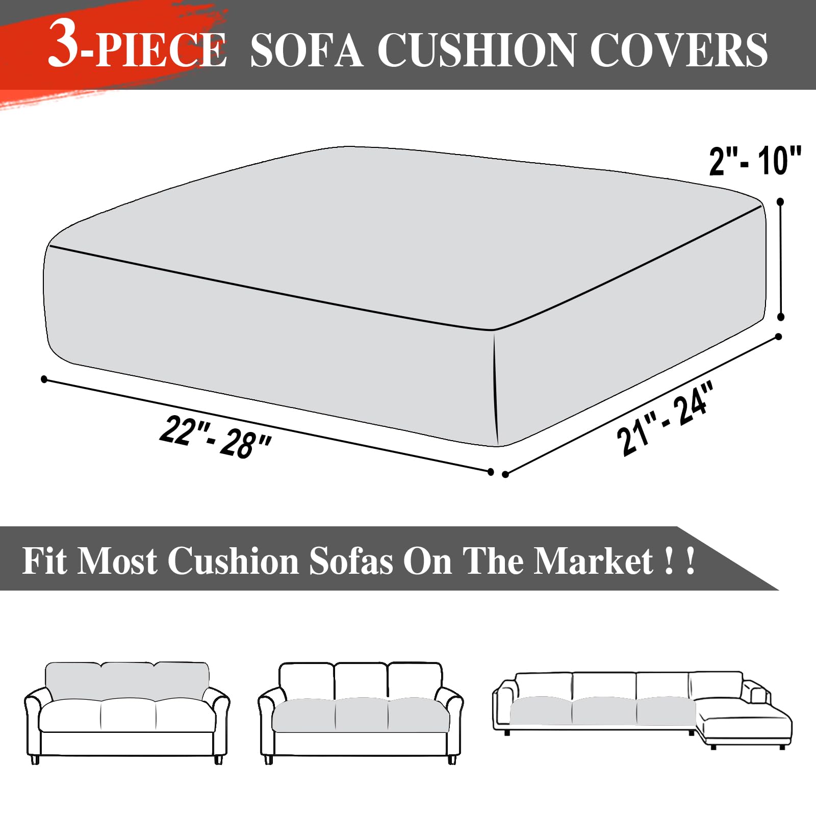 Stretch Sofa Slipcovers - 3-Piece Couch Cushion Covers for Sectional Sofas, Light Grey Furniture Protector | Perfect for Living Room, Family Room & Home Decor