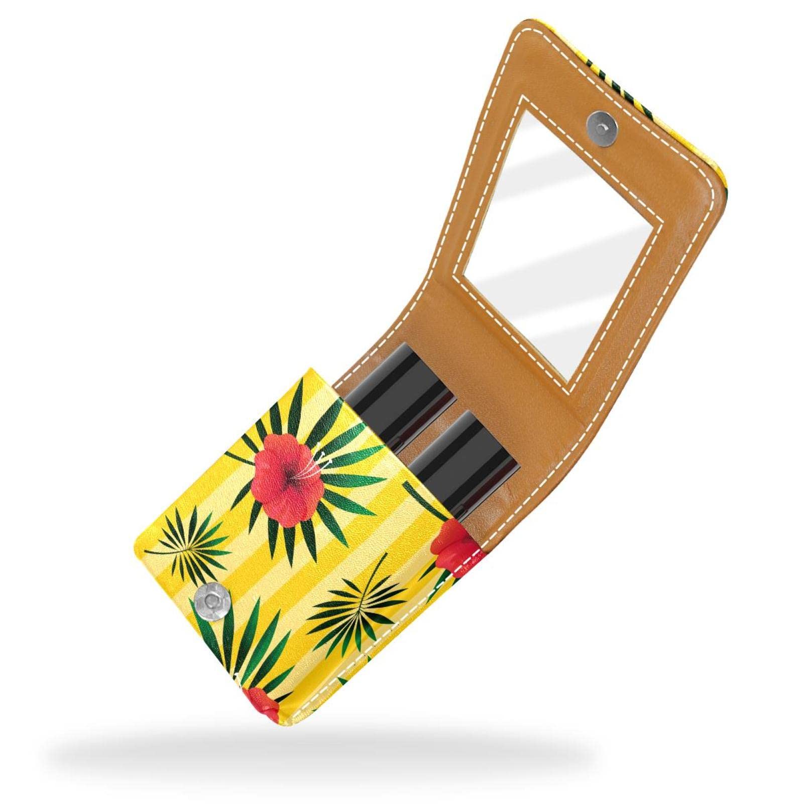 Personalized Lipstick Case - Portable Makeup Bag & Cosmetic Pouch Organizer - Tropical Leaf Floral Yellow Striped Design - Perfect for Travel, Gift & Daily Makeup Storage