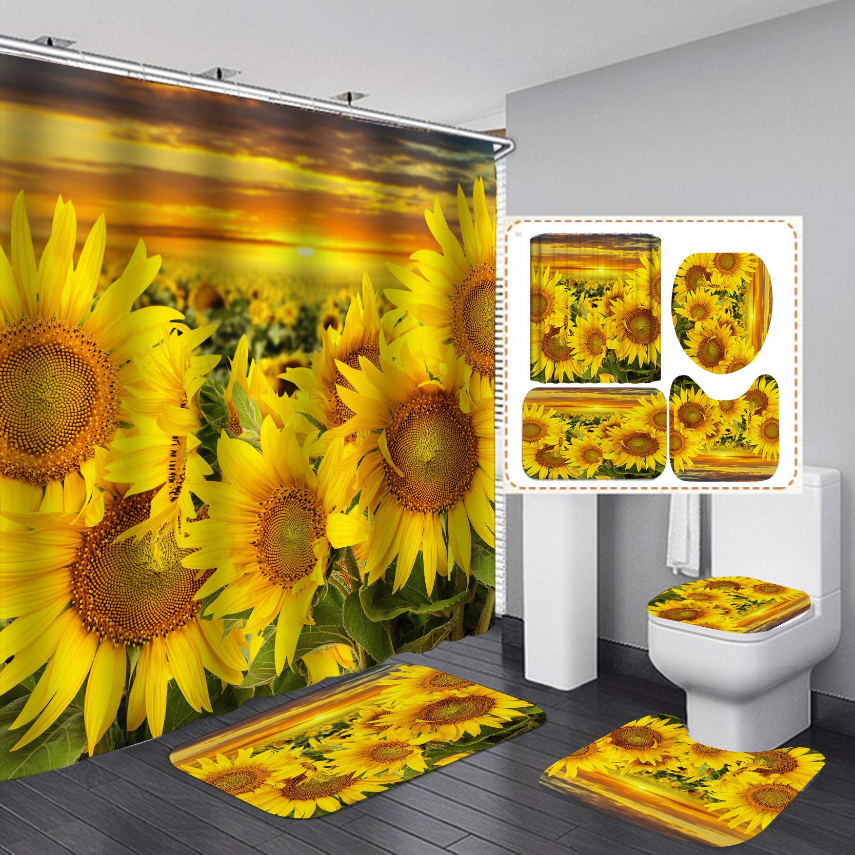 Sunflower Shower Curtain Set with Matching Bath Rugs - 72x72 Inch Waterproof Bathroom Decor for Farmhouse, Vintage & Modern Bathrooms - Perfect for Home Spa, Guest Bath & Kids' Bathroom