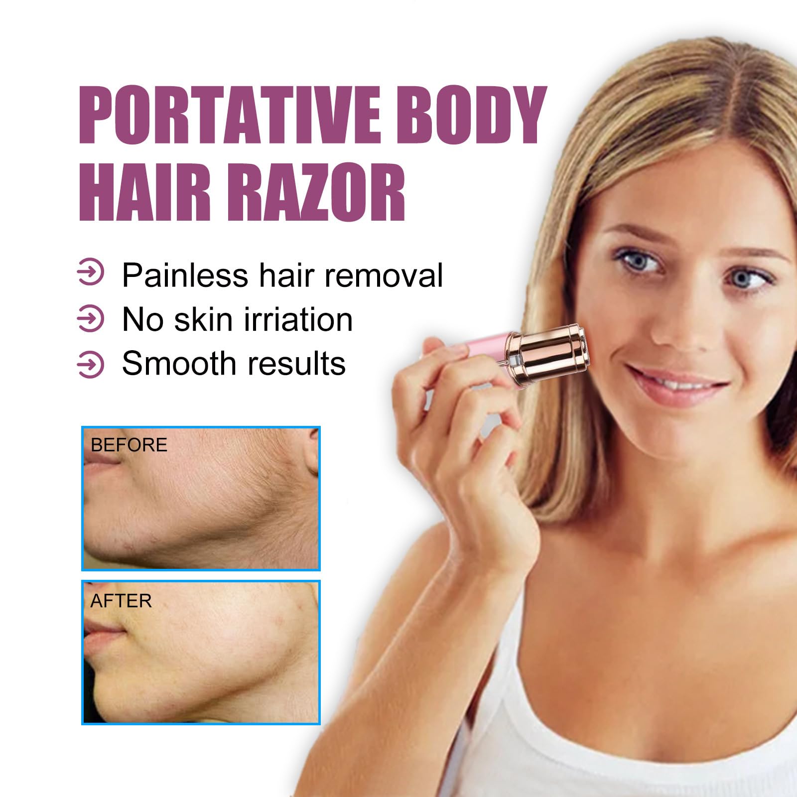 Electric Facial Hair Remover for Women - Painless Hair Removal Razor in White & Rose Gold | Smooth Skin for Makeup, Date Night & Daily Beauty Routine