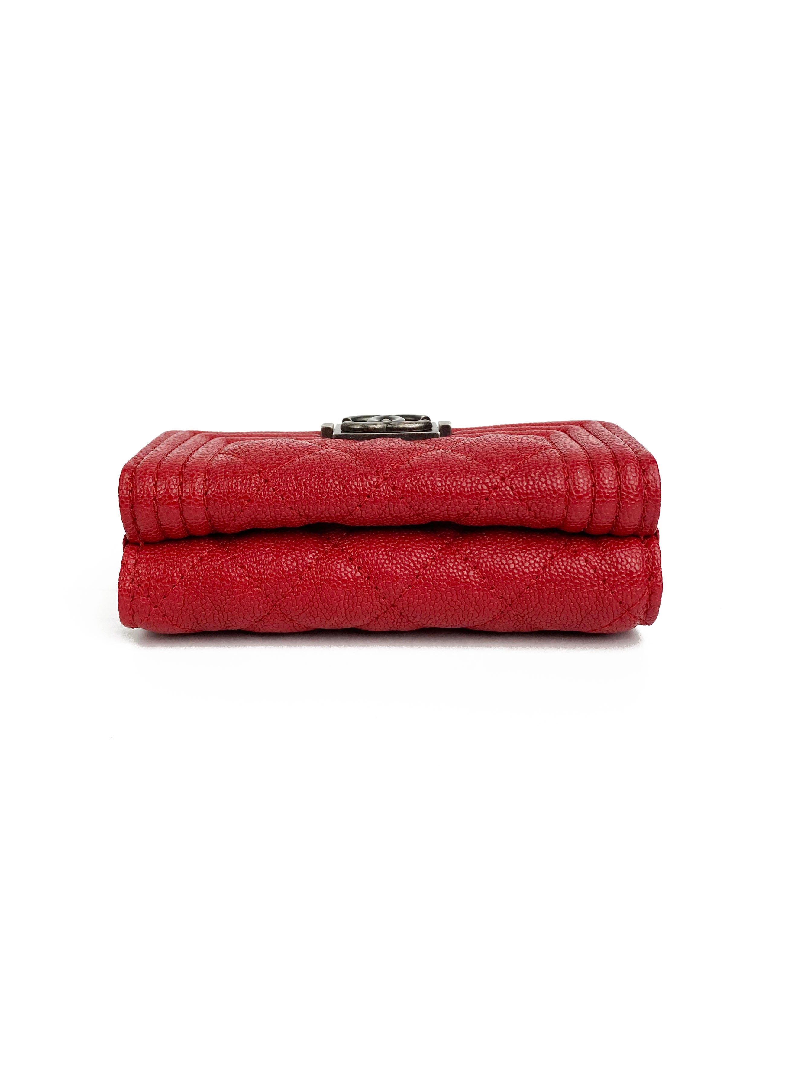 Chanel Red Boy Compact Wallet - Luxury Leather Wallet for Women, Small Crossbody Bag with Chain Strap, Perfect for Parties & Night Out