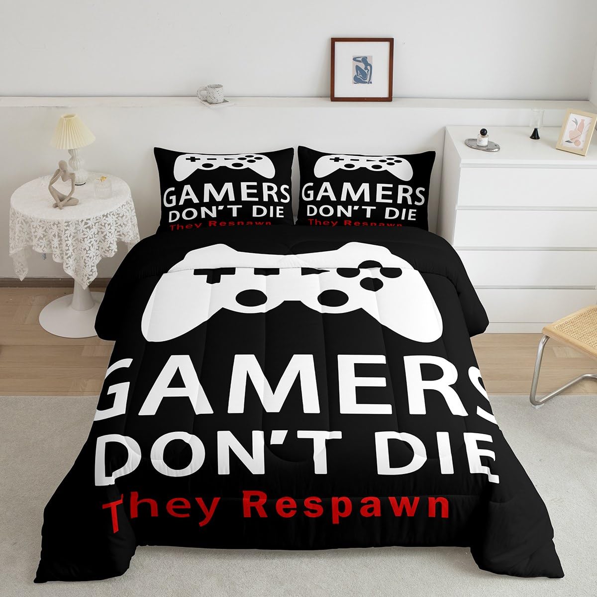 Erosebridal Reversible Gamepad Print Queen Gaming Comforter Set for Boys - Modern Gamer Bedding with 2 Pillowcases (Black/White) - Perfect for Kids, Teens & Youth Bedrooms, Gaming Themed Sleepovers & Gamer Decor