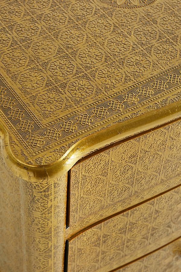 Hand Embossed Nightstand with 3 Drawers - Golden Metal Lamp Stand for Bedroom, Living Room & Office | Vintage Style Bedside Table with Storage Space