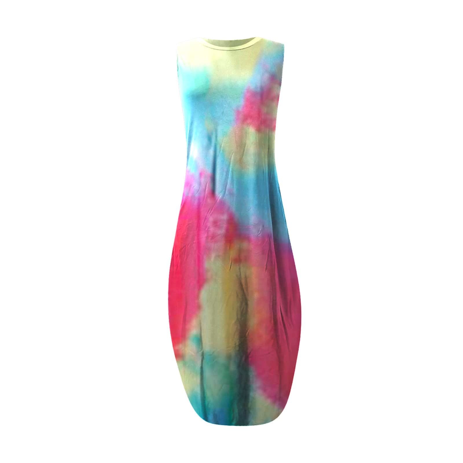 Women's Summer Maxi Dress - Split Sleeveless Crewneck Sundress with Pockets, Modern Fit Beach Dress for Vacation, Pool Party & Casual Outings