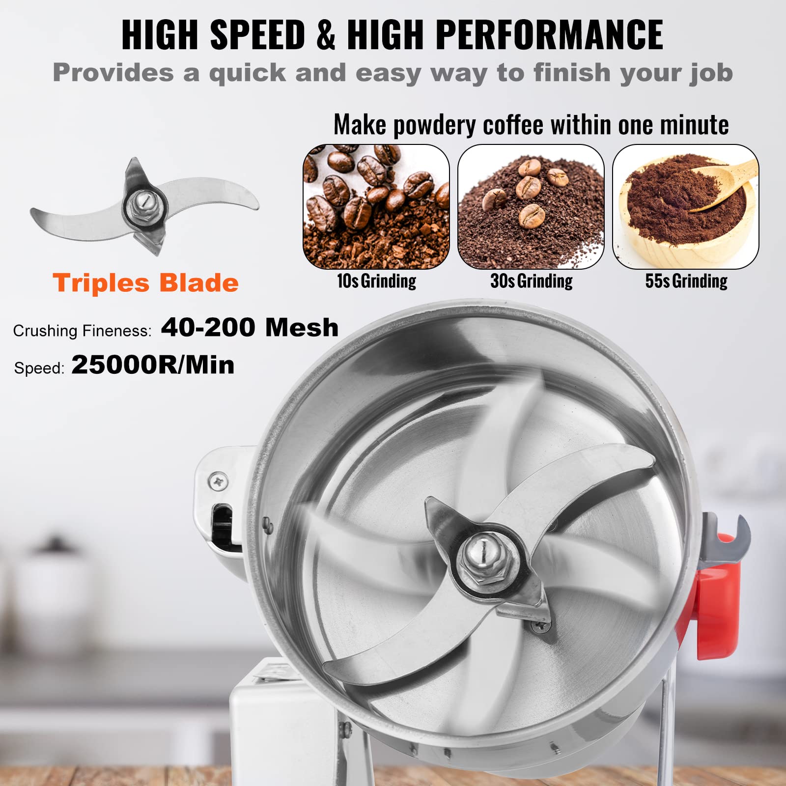 VEVOR 700g Commercial Electric Grain Grinder - 2500W High-Speed Stainless Steel Mill for Coffee, Corn, Pepper & Dry Grains | Perfect for Home Kitchens, Bakeries & Coffee Shops