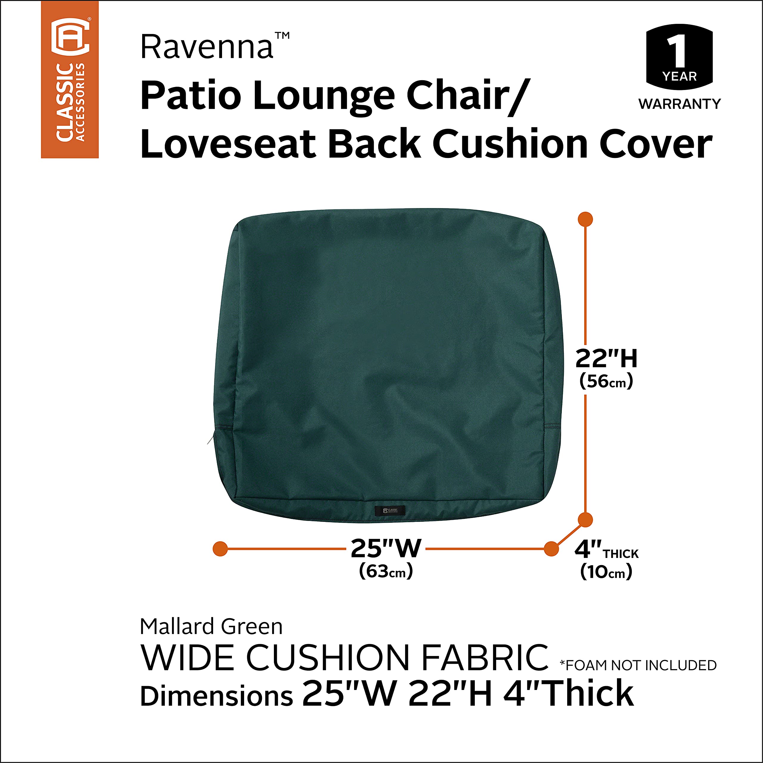 Ravenna Patio Back Cushion Cover - Durable Outdoor, Mallard Green, 25x22x4in - Perfect for Garden & Deck