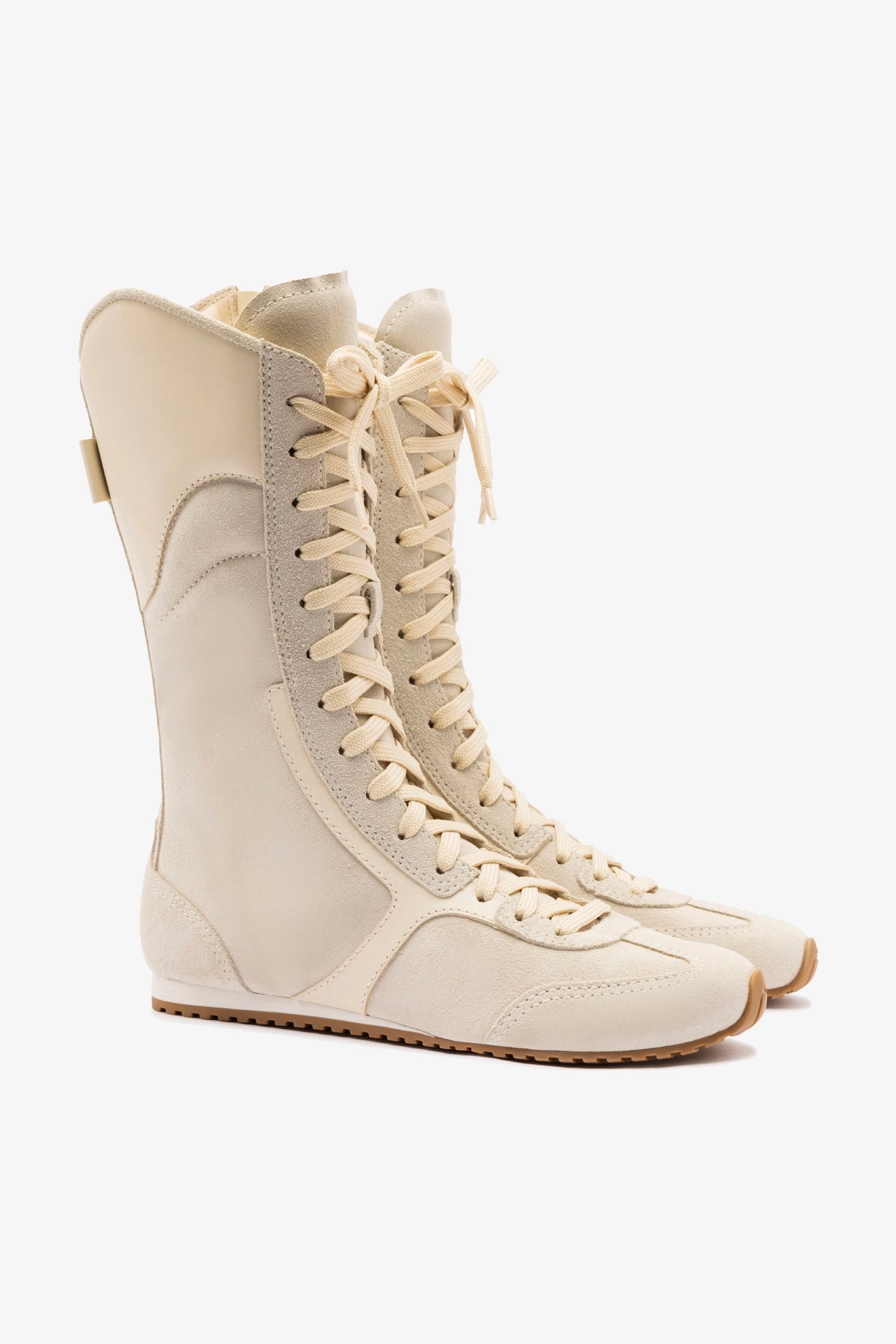 Larroudé x Jonathan Cohen Flat Lo Sneaker Boot in Mushroom Grey Suede & Ivory Leather - Stylish Women's Casual Shoes for Everyday Wear, Work & Travel