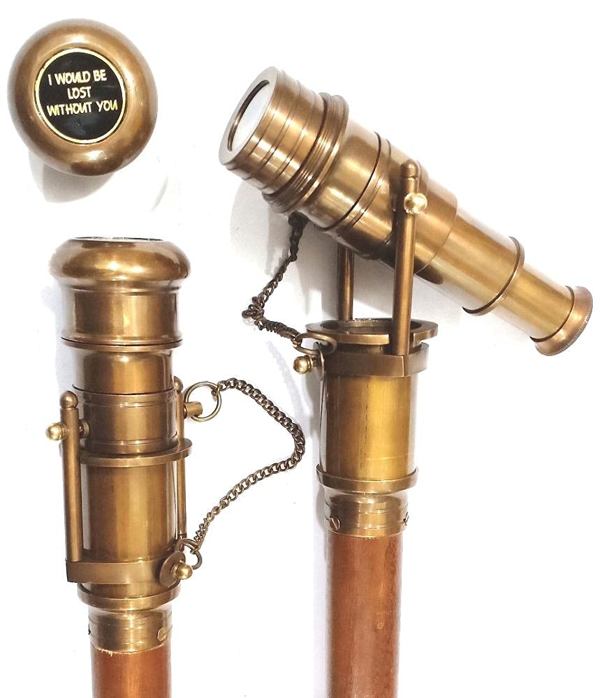 Vintage Brass Telescope Wood Walking Cane - Steampunk Folding Cane Stick with Antique Design | Perfect for Hiking, Collectors & Nautical Home Decor Gifts