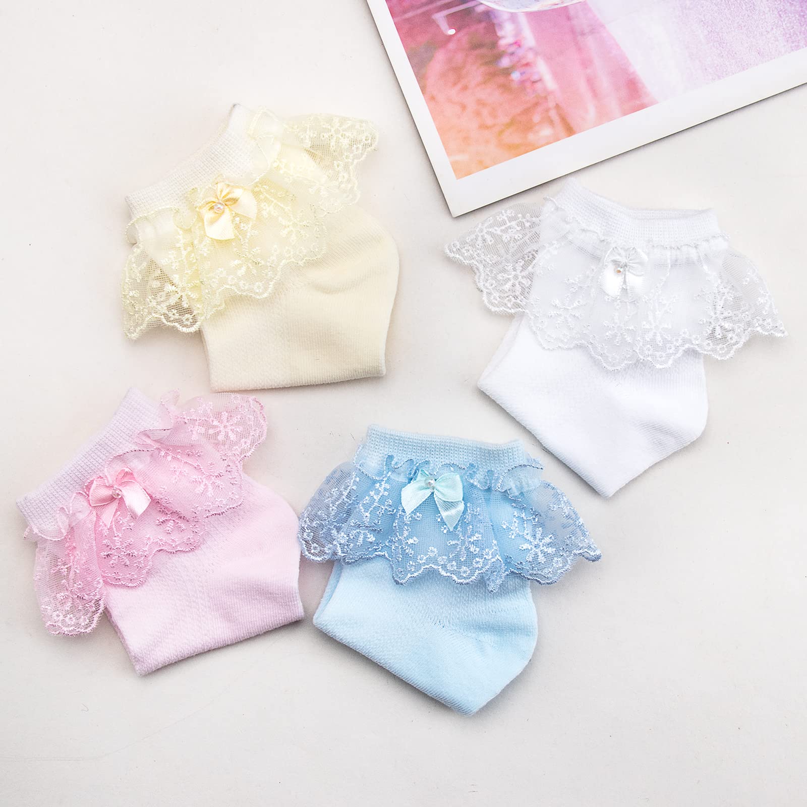 4/6 Pack Baby Toddler Girls Ruffle Socks - White Lace Frilly Princess Ankle Socks | Soft Cotton Eyelet Dress Socks for Little Kids | Perfect for Parties, Photos & Special Occasions
