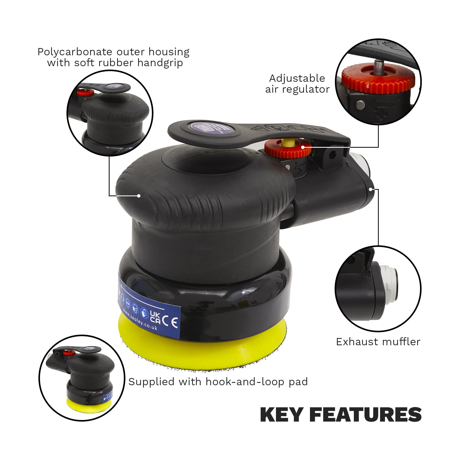 Sealey SA802 75mm Air Palm Orbital Sander - Lightweight & Powerful Pneumatic Sander for Woodworking, Auto Body Repair & DIY Projects