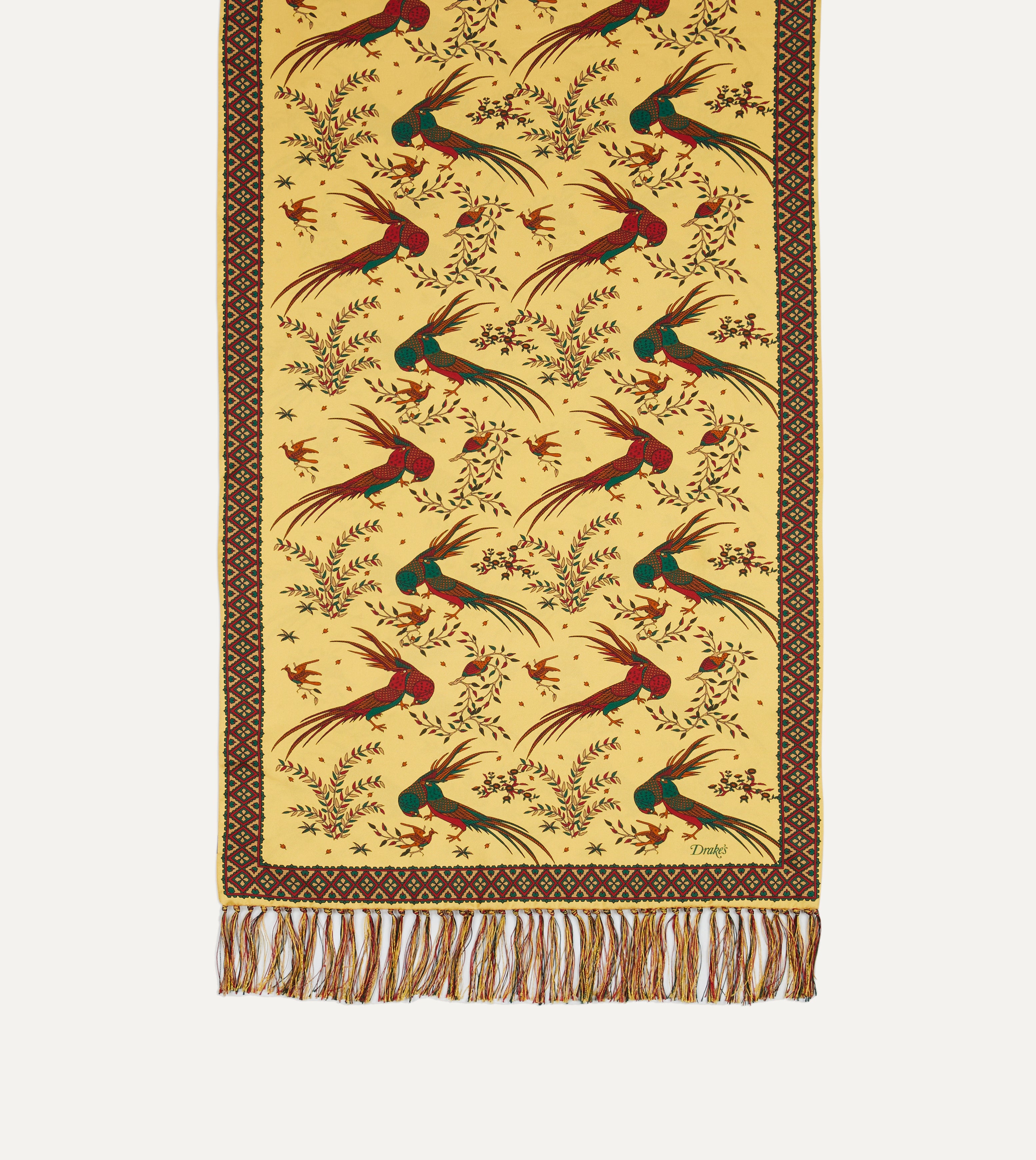 Luxury Gold Birds of Paradise Print Silk Scarf with Tassels - Elegant Fashion Accessory for Women, Perfect for Parties, Weddings & Special Occasions