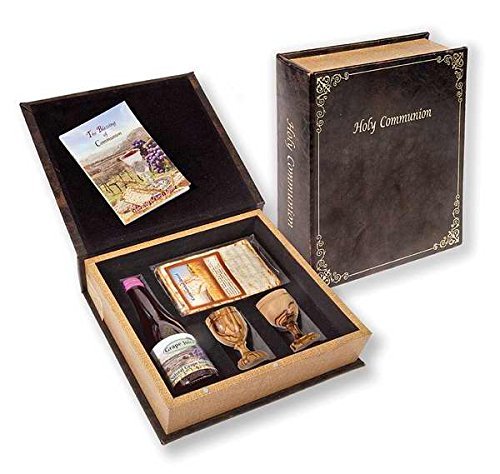 Holy Land Communion Set - Grape Juice, Matzah Bread & 2 Olivewood Cups in Gift Box | Christian Communion Supplies for Church Services & Home Worship