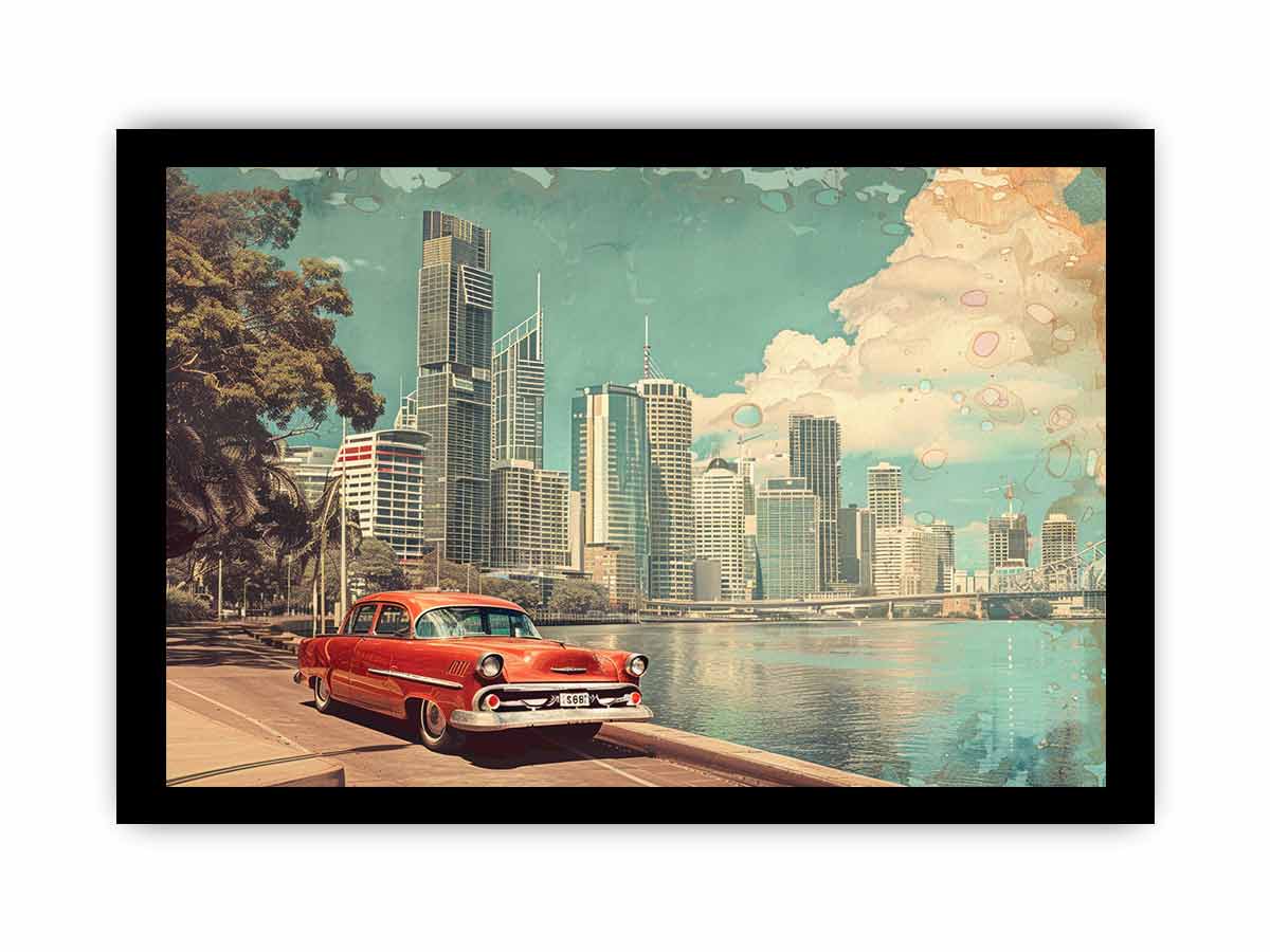 Vintage Brisbane City Skyline Framed Wall Art Print - Retro Urban Decor for Home, Office & Gift Giving