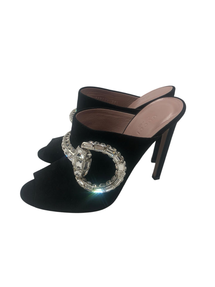 Gucci Maxime Crystal Embellished Peep Toe Heeled Mules for Women - Size 38.5 (US 8.5) - Elegant Evening Shoes for Parties, Weddings & Special Occasions