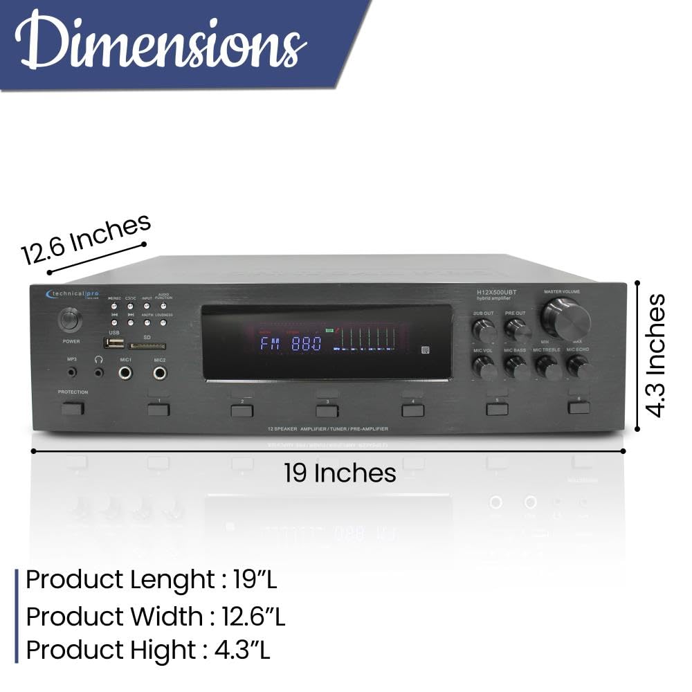Technical Pro 6000W 6-Zone Bluetooth Hybrid Amplifier - Digital Preamp Tuner with USB/SD Card, 2 Mic Inputs, Bass/Treble Controls, Cooling Fan & LCD Display - Perfect for Home Theater, DJ Setup & Live Performances