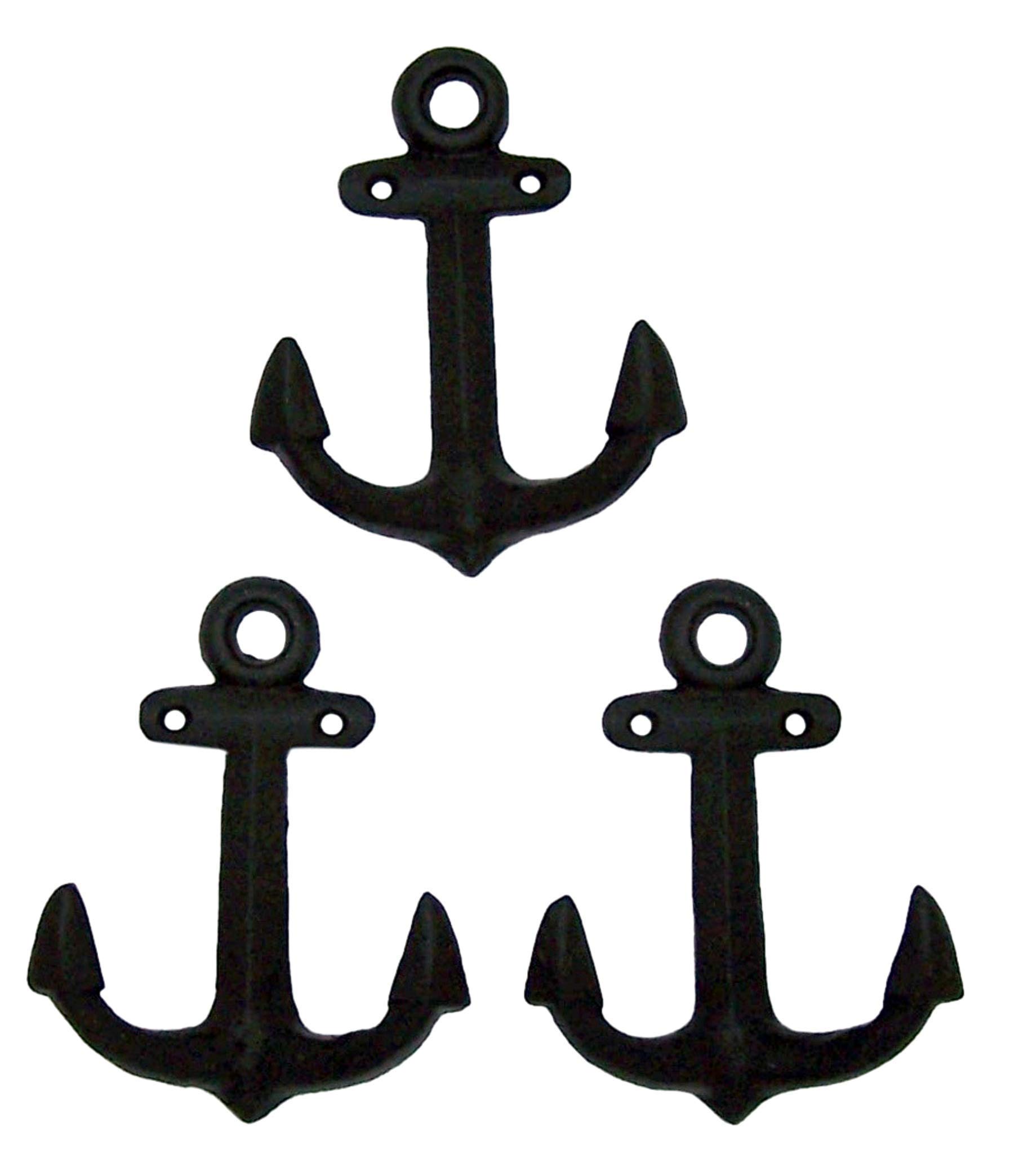 Nautical Cast Iron Ship Anchor Wall Hooks - Set of 3 (6 Inch, Black) - Perfect for Beach House Decor, Boat Accessories & Coastal Themed Home Decor