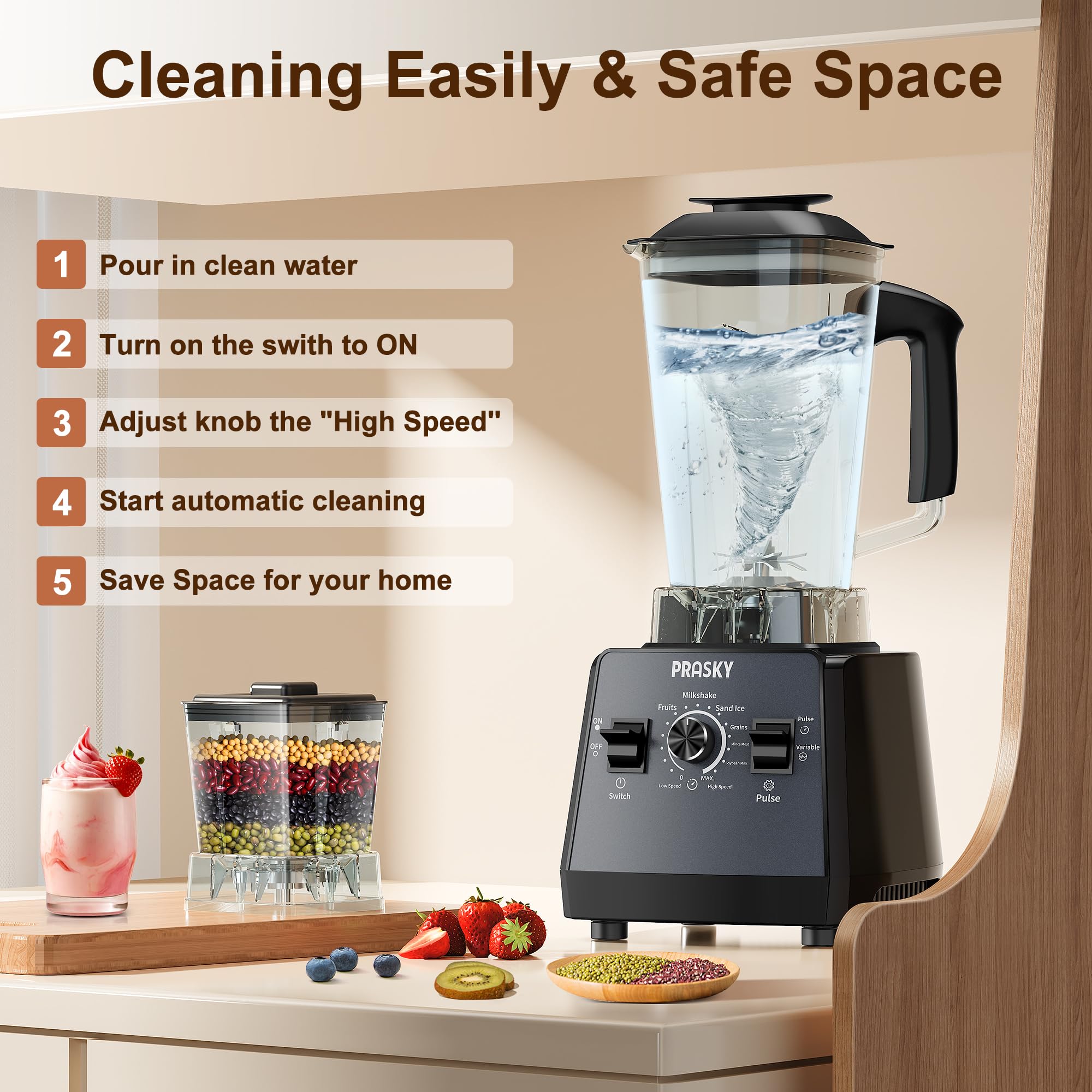 PRASKY 2400W High-Speed Professional Blender for Smoothies, Juices & Ice Crushing - 68oz BPA-Free Container with Grinder Attachment - Powerful Kitchen Blender for Shakes, Frozen Drinks & Food Prep (2 Containers Included) - Perfect for Home Bars, Healthy Smoothies & Meal Preparation