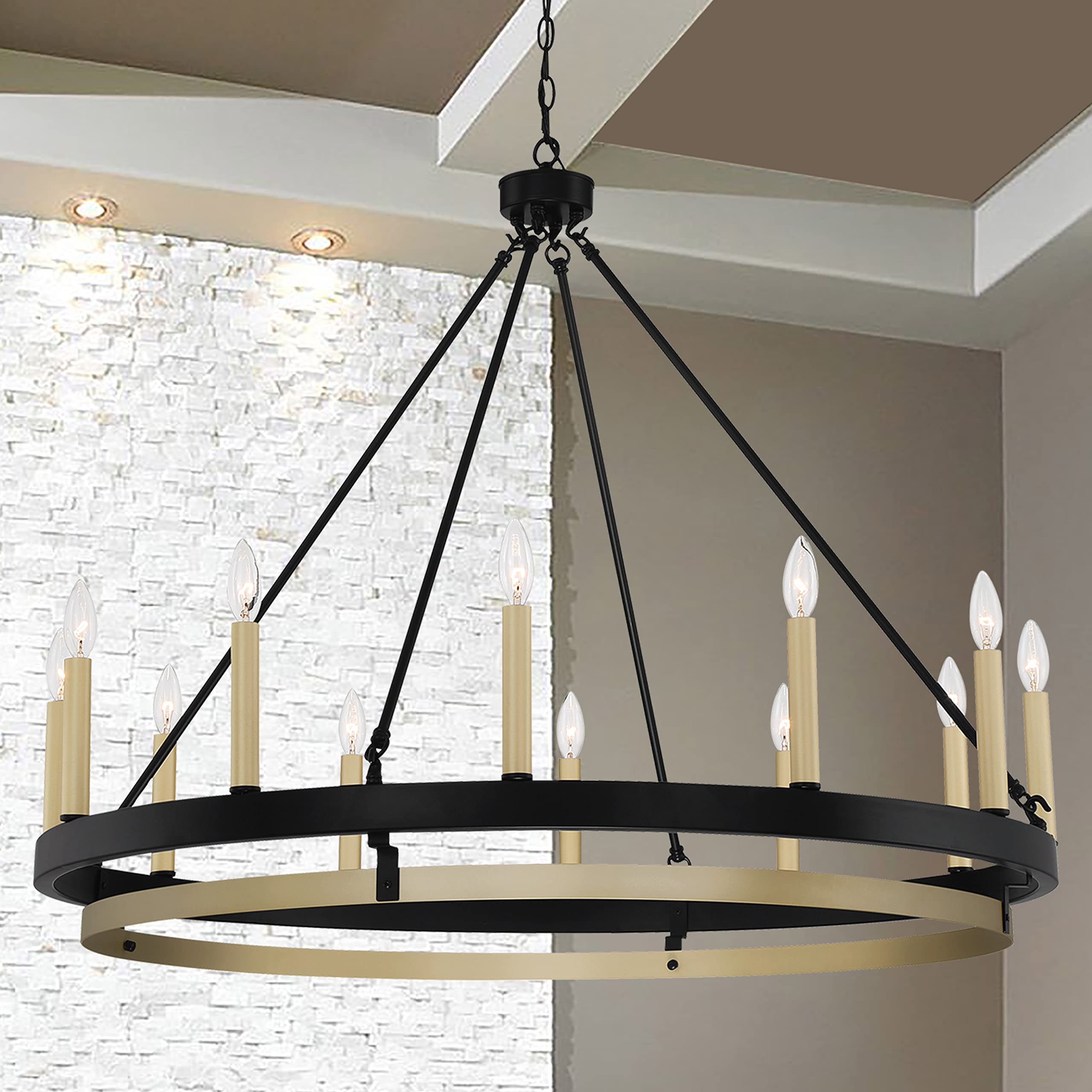 Vanity Art 12-Lights Candle Style Wagon Wheel Chandelier - Farmhouse Rustic Ceiling Light Fixture for Living Room, Kitchen, Dining Room - Black & Bronze Finish (10552TW-BK-BD) | Perfect for Farmhouse, Cottage & Rustic Home Decor