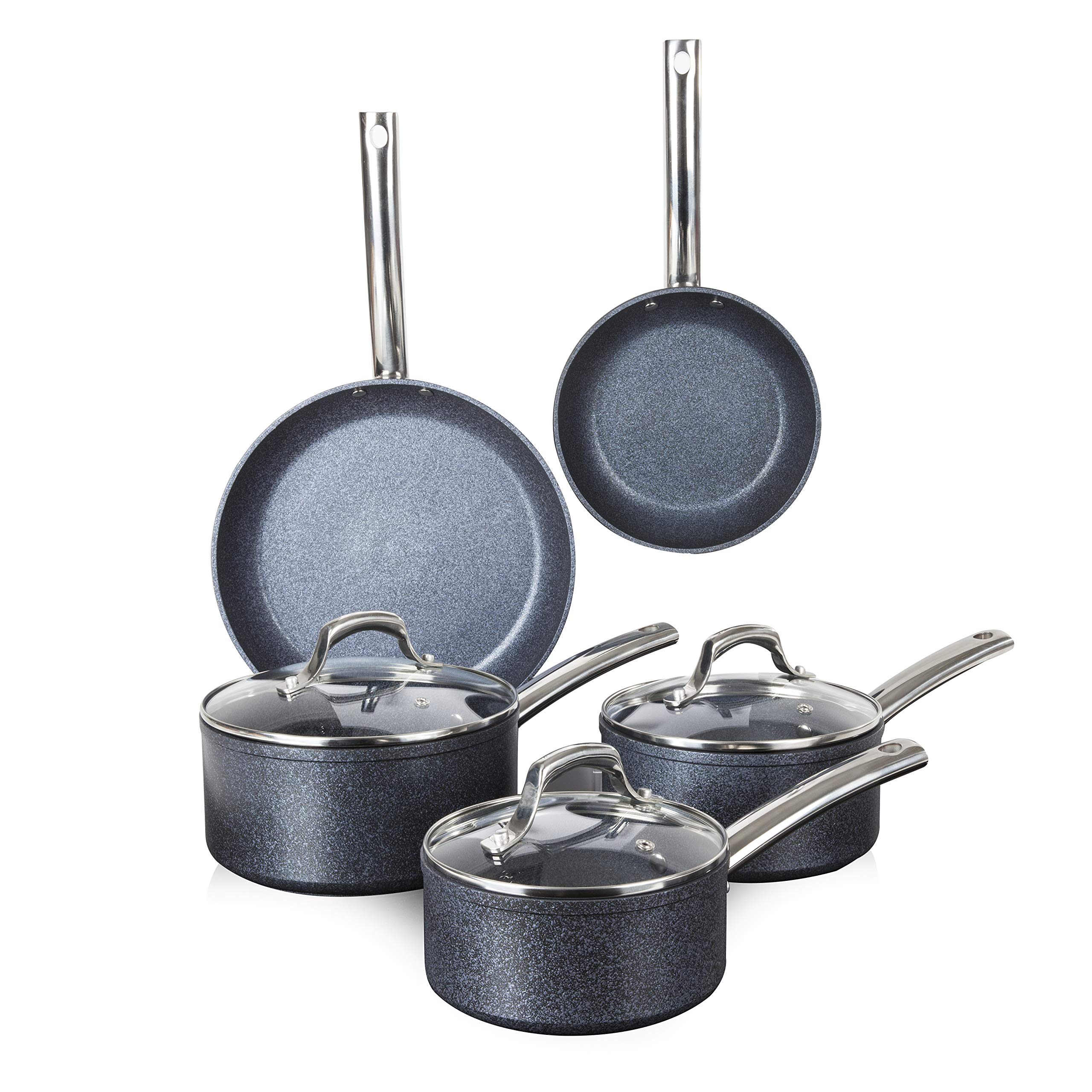Trustone Non-Stick Frying Pan and Saucepan Set - 5 Piece Aluminum Cookware with Easy Clean Coating - Violet Black Kitchen Essentials for Sauteing, Frying & Cooking Pasta