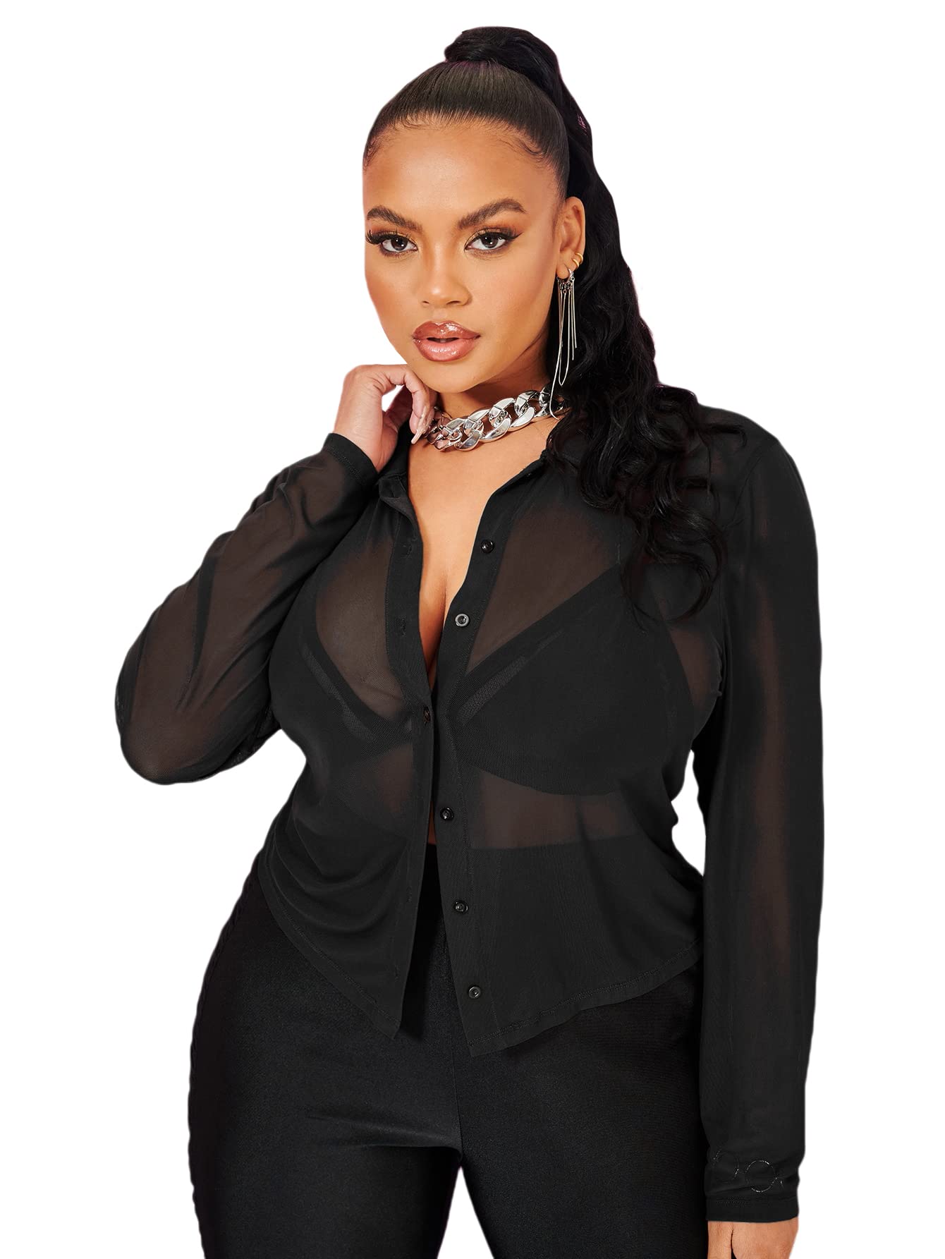 Floerns Women's Plus Size Sheer Mesh Button Down Blouse - Elegant Long Sleeve Tops for Work, Party & Casual Wear | Breathable & Stylish Office & Evening Outfits