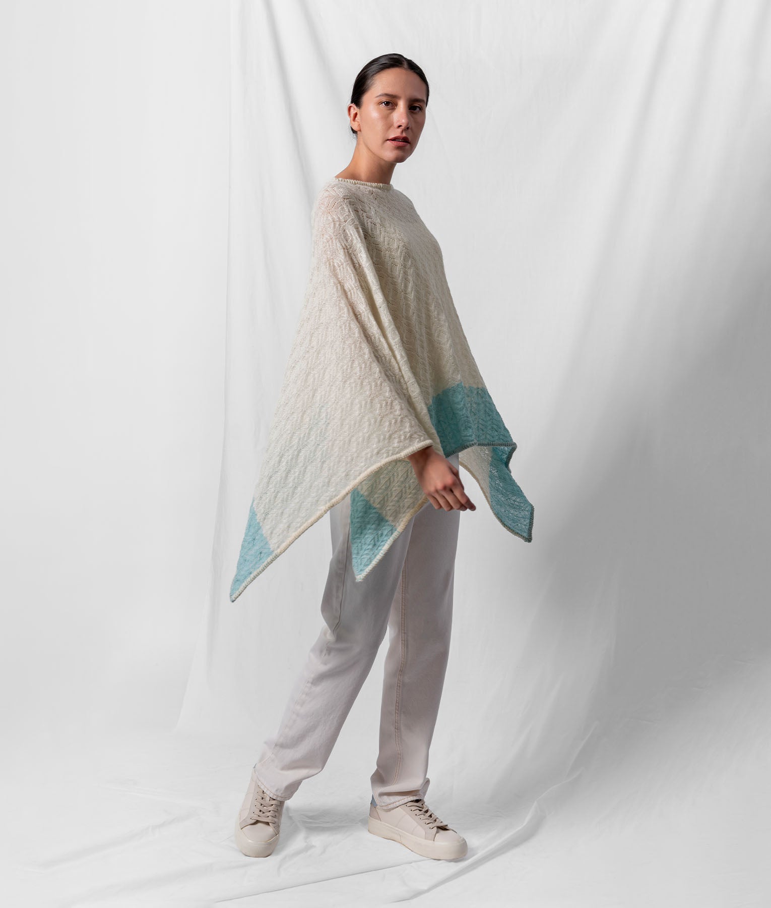 Elegant Dentelle Striped Poncho in Ivory & Gradient Sky Blue - Perfect for Fall Layering, Beach Cover-Ups, and Boho Fashion