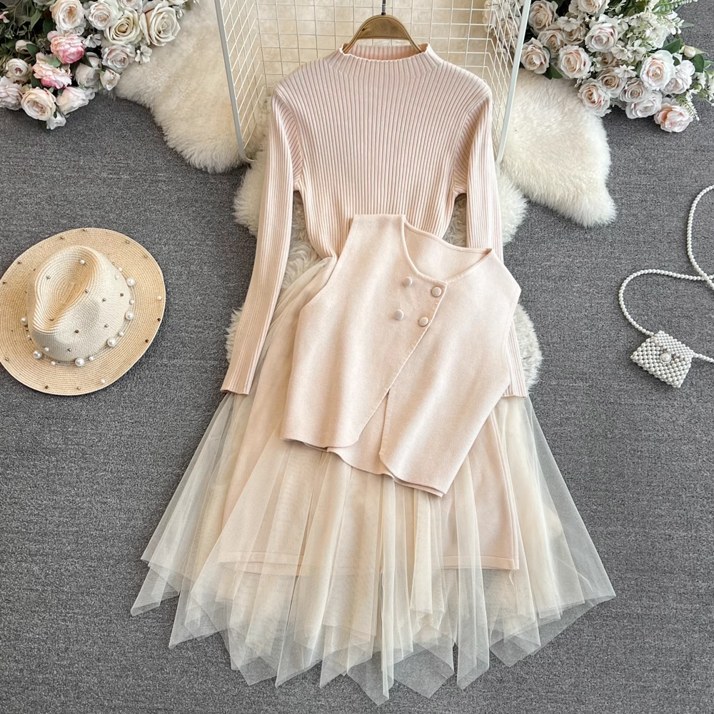 Long Sleeve Knitted A-Line Mesh Dress with Vest Jacket Set - Women's Elegant Two-Piece Outfit for Party, Dinner & Special Occasions