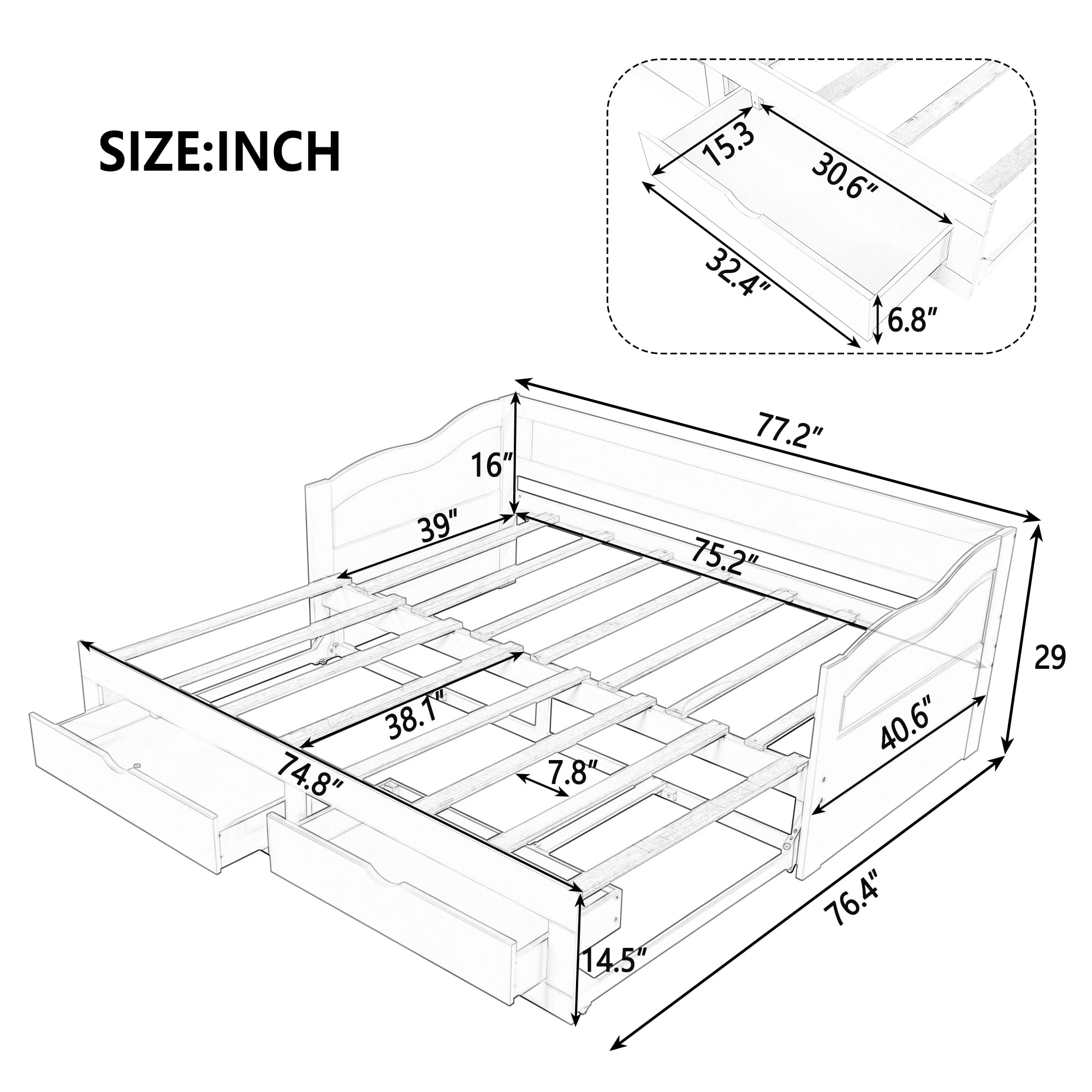 Wooden Daybed with Trundle & Storage - Twin to King Sofa Bed for Bedroom & Living Room