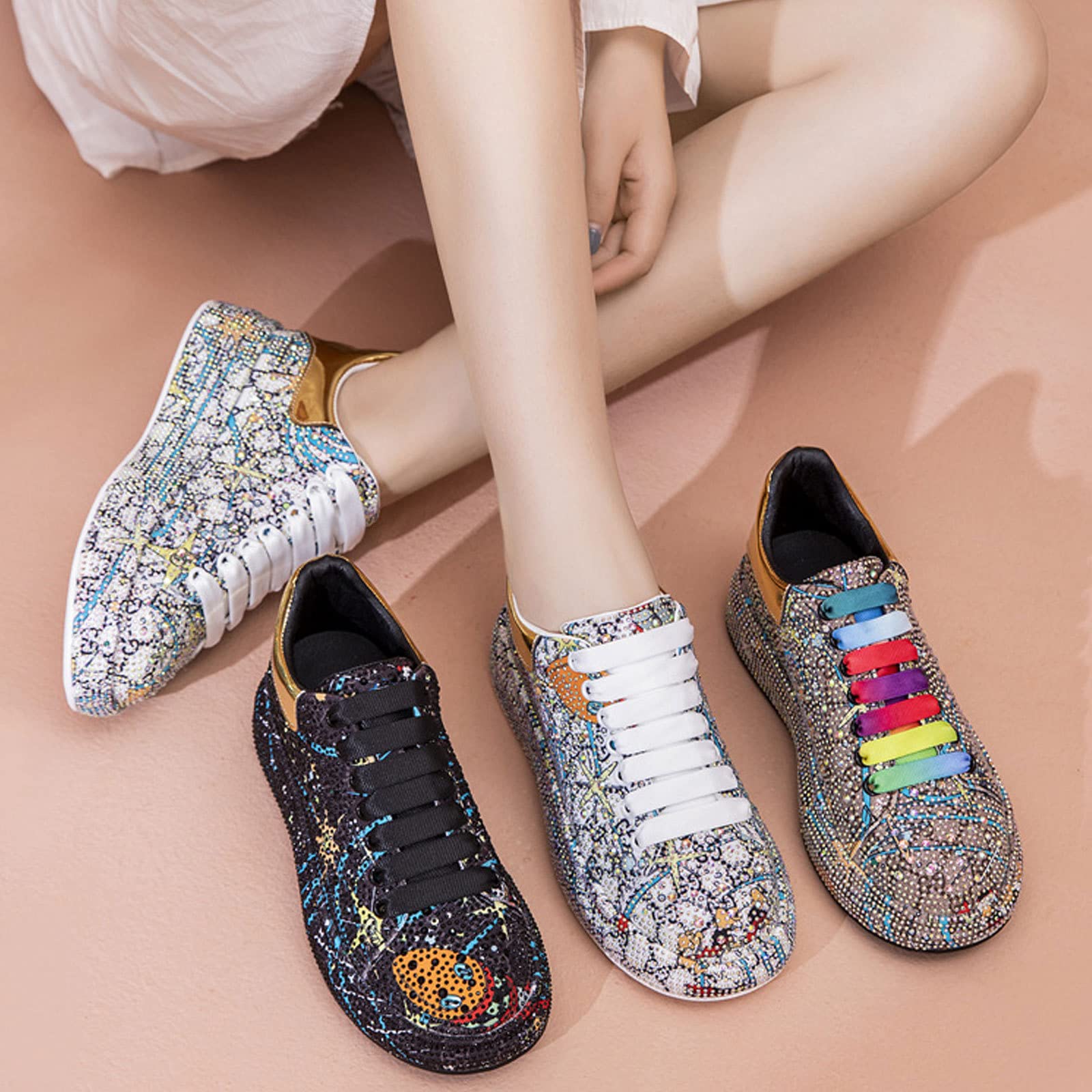 GUOANFG Women's Crystal Sneakers - High Fashion Rhinestone Sports Shoes with Platform for Women - Silver Size 41 EU - Perfect for Parties, Weddings & Night Out Fashion