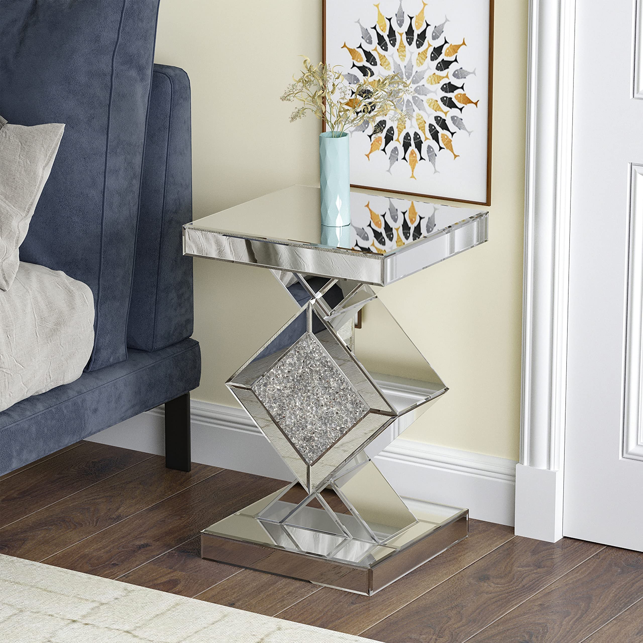 BlingWorld Silver Mirrored End Table with Crystal Inlay - Modern Square Accent Table with Diamond Design for Living Room, Bedroom & Entryway - Perfect Nightstand or Coffee Table Alternative
