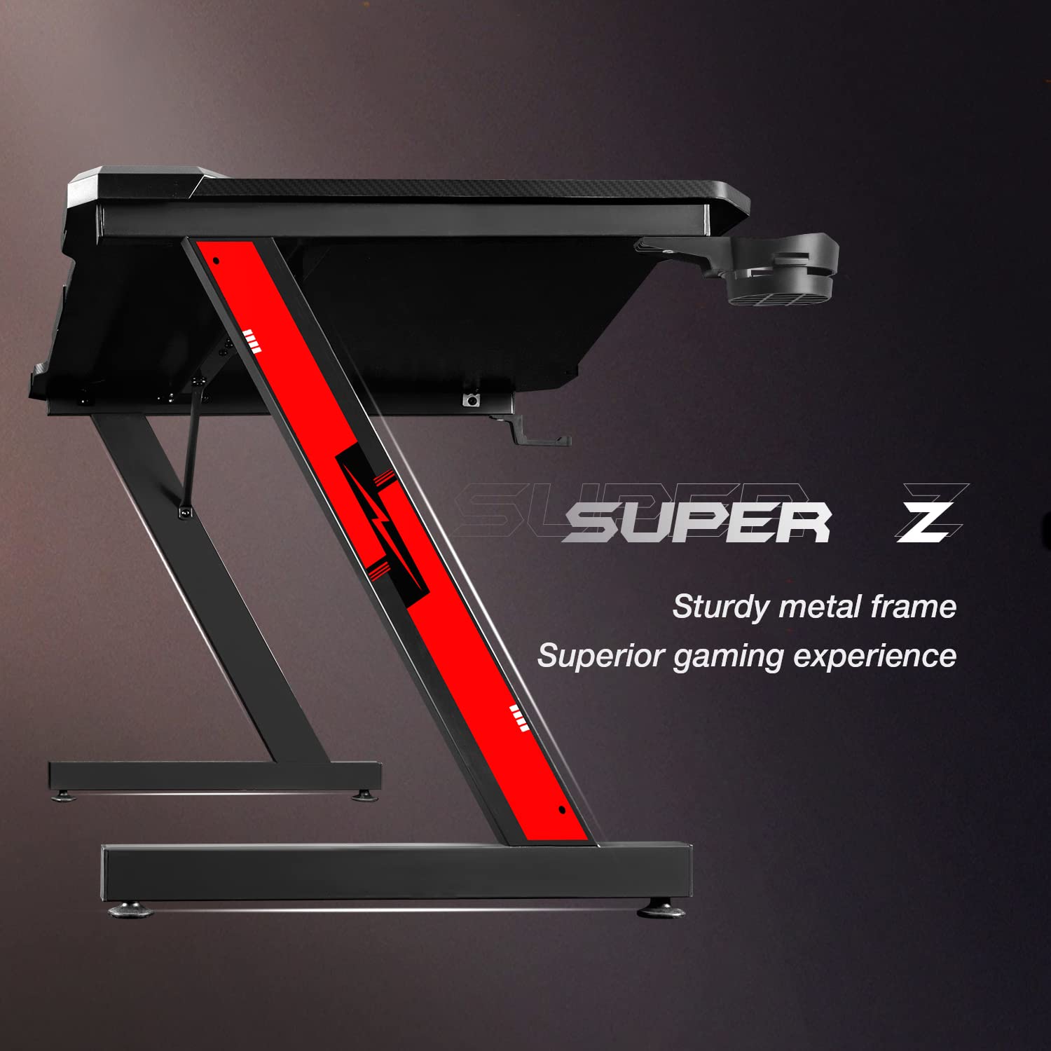 Homall 44-inch Black Gaming Desk - Carbon Fiber Surface Z-Shaped PC Computer Workstation with Cup Holder & Headphone Hook - Perfect for Home Office, Streaming Setup & Esports Gaming Battlestation