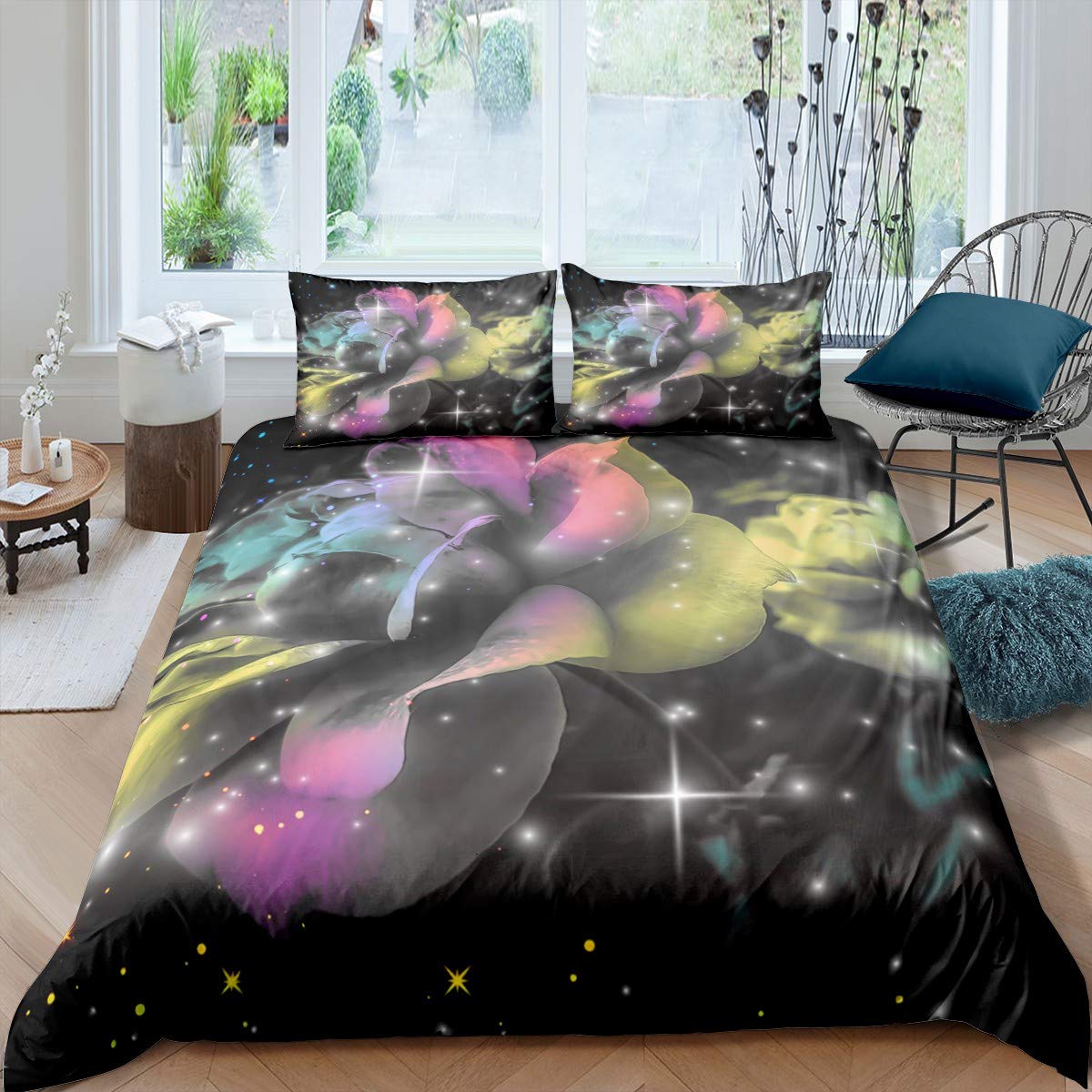**Erosebridal Rose Duvet Cover Twin Size - Galaxy Comforter Cover Set with Glitter, Colorful Rose Bedding for Kids, Boys, Girls, Teens & Women - Perfect for Bedroom Decor, Gift & Cozy Sleep**