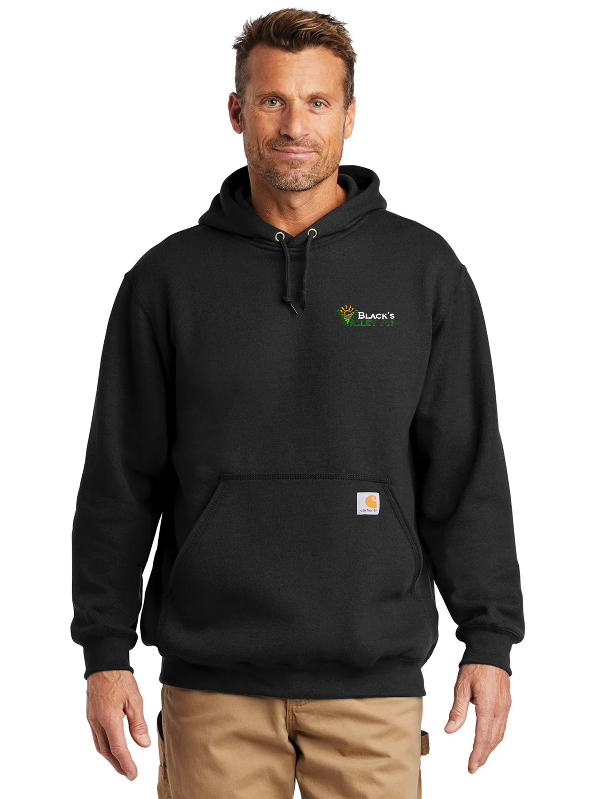 Carhartt Tall Hooded Sweatshirt for Men - Heavyweight Fleece Pullover with Front Pocket, Black [Black's Valley AG] - Perfect for Outdoor Work, Construction & Winter Layering