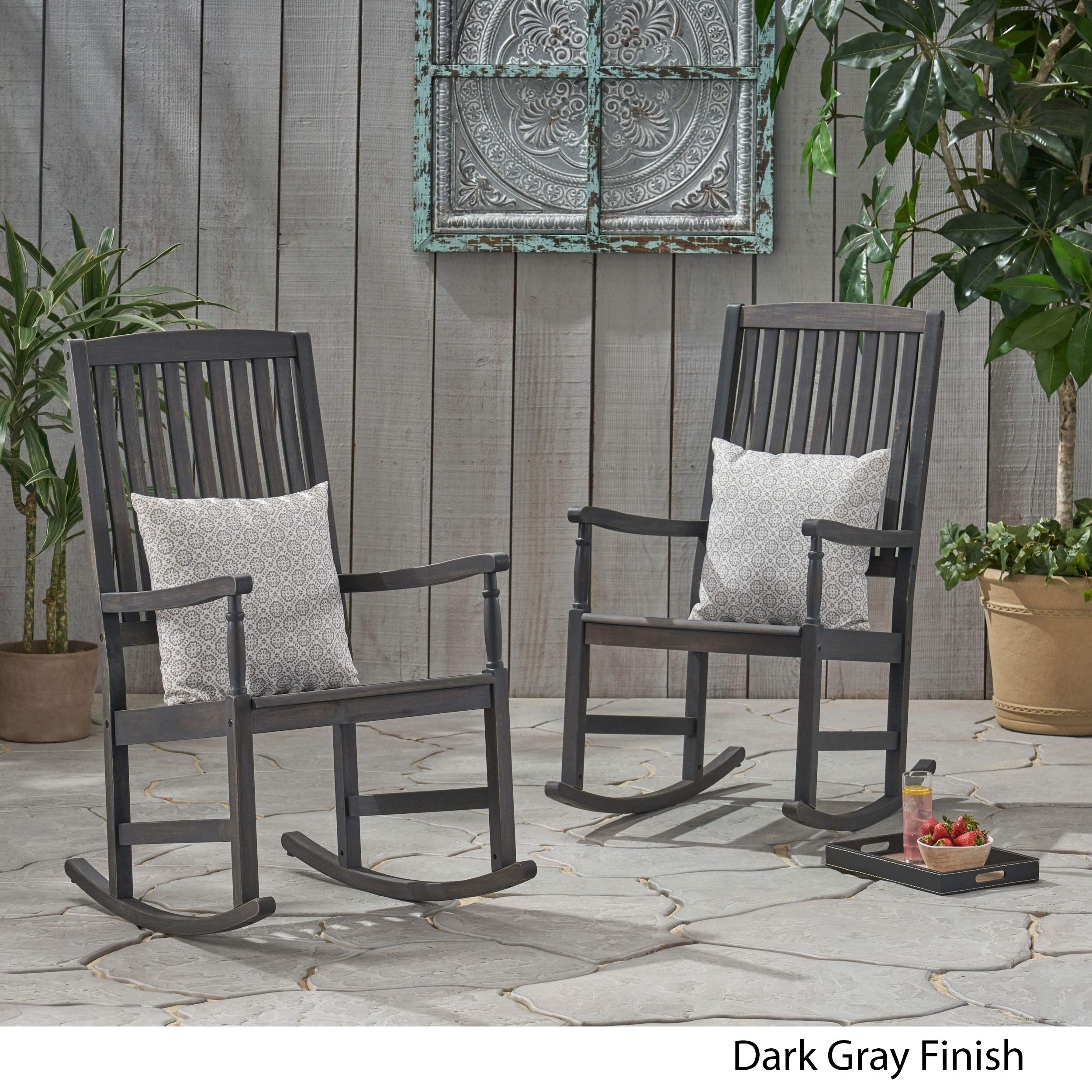 Premium Acacia Wood Outdoor Rocking Chairs Set of 2 - Dark Gray Patio Furniture for Garden, Porch & Backyard Relaxation