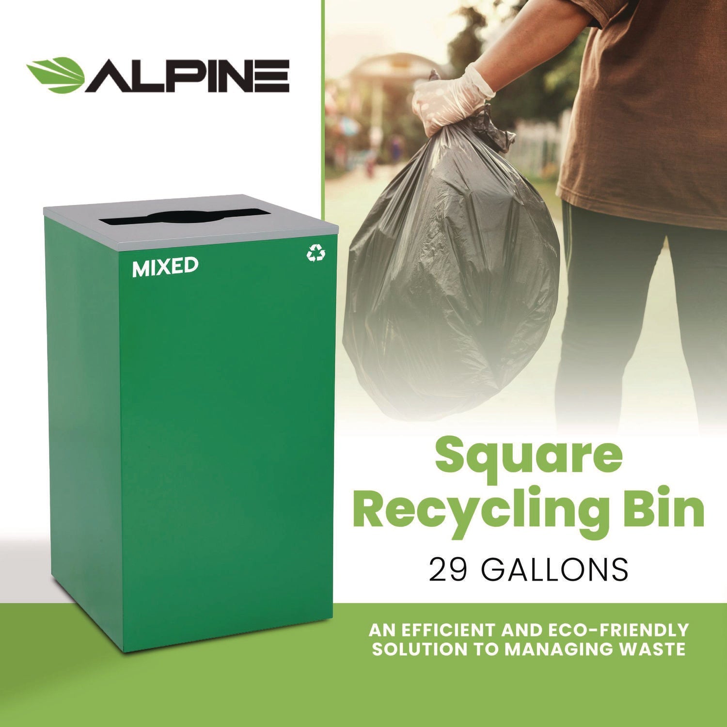 Alpine Industries 29 Gallon Steel Trash & Recycling Bin - Green Mixed Recycling Can with Lid for Kitchen, Office & Outdoor Waste Management