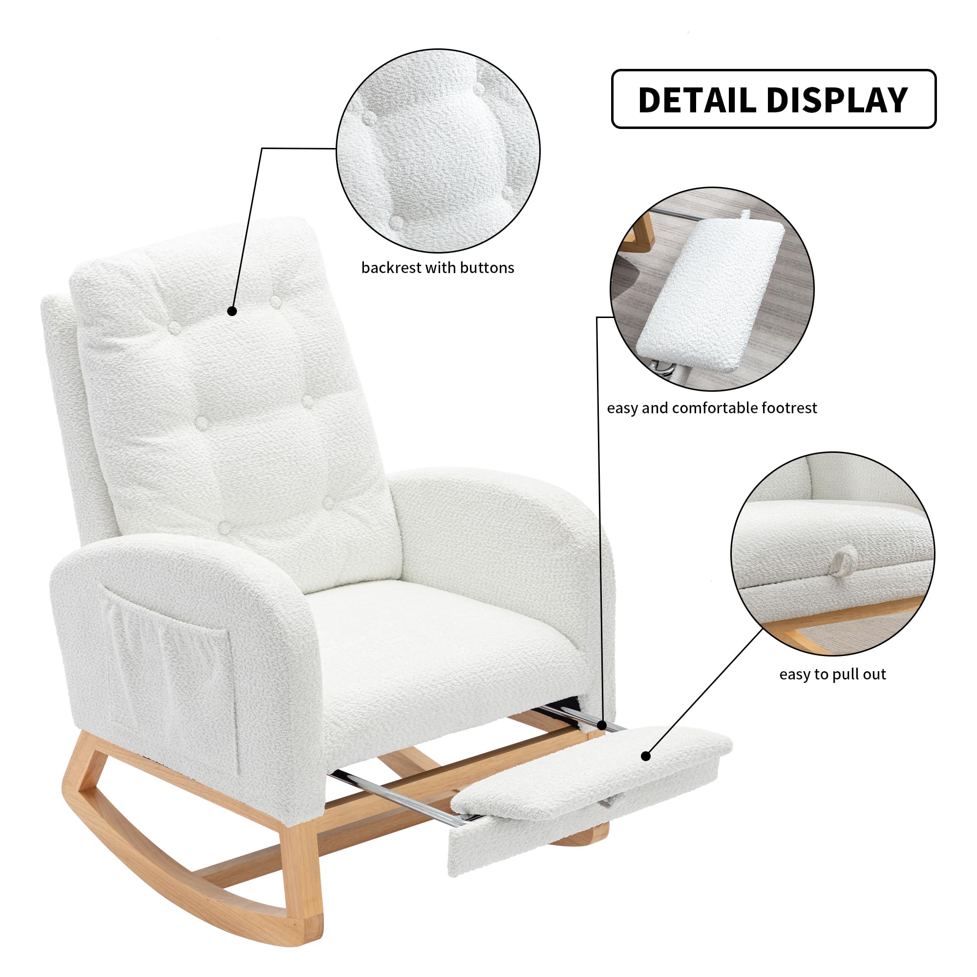Comfortable Nursery Rocking Chair with Retractable Footrest - Glider Rocker Accent Chair with Padded Seat & High Backrest - Perfect for Living Room, Bedroom, Office & Nursery (White) - Ideal for Nursing, Relaxing & Reading