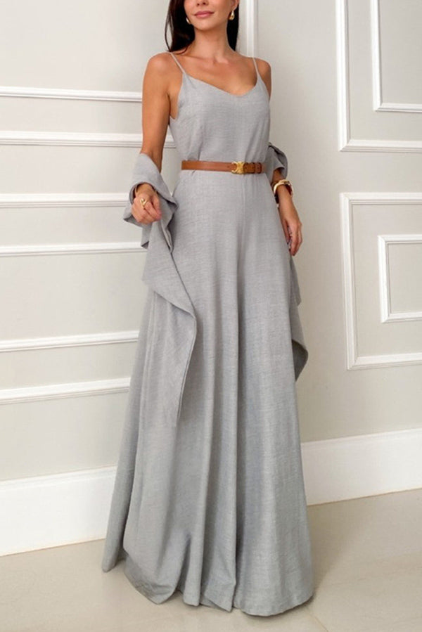 Stylish Solid Color V-Neck Suspenders Casual Wide Leg Jumpsuit with Shawl - Perfect for Office Wear, Date Night & Special Occasions