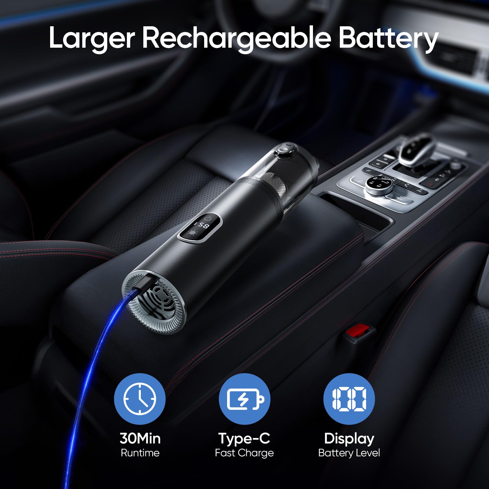15000Pa High Power Cordless Handheld Car Vacuum Cleaner with LED Display - 2 Speed Modes, 30 Min Runtime, 150ml Dust Cup - 4-in-1 Portable Mini Vacuum for Car Detailing, Home Cleaning & Office Use - Perfect for Upholstery, Pet Hair, Crumbs & Small Spaces