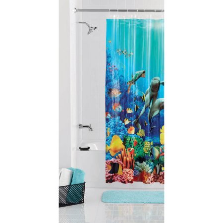Mainstays Coral Reef Waterproof Shower Curtain with Hooks - Tropical Ocean Theme Bathroom Decor for Beach, Coastal, and Nautical Style Homes